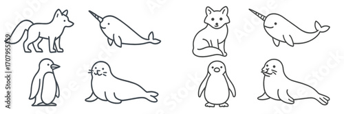 Set of simple outline icons depicting various arctic animals such as foxes narwhals penguins and seals