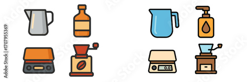 Collection of coffee brewing equipment and kitchen accessories icons including scales, grinders, pitchers, and bottles