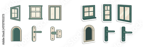 Architectural elements set featuring various windows, arched doors, and door handles in a clean, modern design with flat colors
