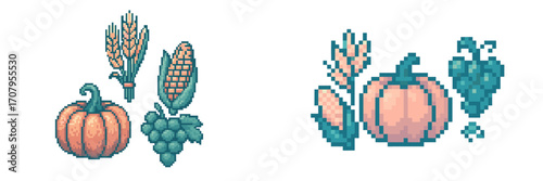 Autumn harvest pixel art elements featuring pumpkin, wheat, corn, and grapes for seasonal designs and retro gaming themes