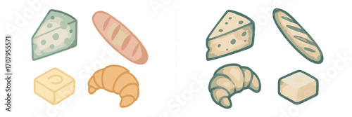 Classic French breakfast items including cheese, baguette, butter, and croissant for a delicious morning meal
