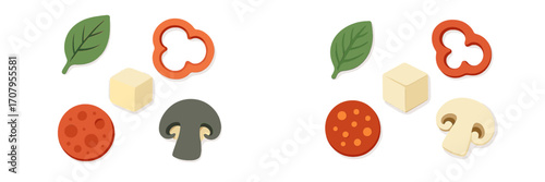 Colorful collection of fresh pizza ingredients including basil leaf, bell pepper, cheese cube, pepperoni slice, and mushroom