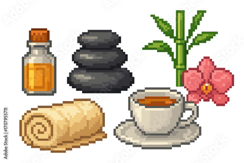 Zen spa elements including stacked stones, essential oil bottle, green bamboo, pink orchid, rolled towel, and hot tea cup