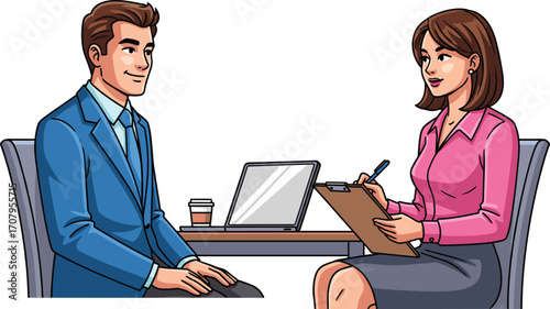 Business meeting illustration, professional woman interviewing man, job interview conversation, corporate discussion, human resources consultation, office setup, career opportunity concept