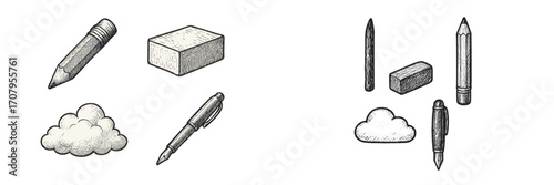 Artistic hand-drawn sketch style icons of office supplies including pencil, pen, and eraser with a cloud