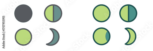 Abstract moon phases and circular shapes with various color combinations and outlines representing celestial cycles and lunar progression