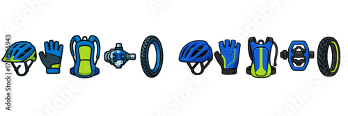 Collection of essential cycling equipment and accessories including helmets, gloves, backpacks, pedals, and tires for bicycle riders