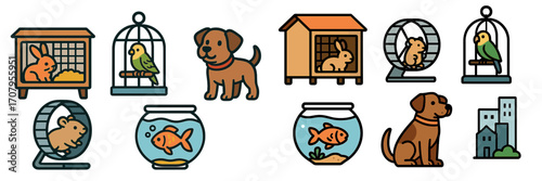 Collection of popular domestic pets and their homes including dogs, rabbits, hamsters, birds, and fish