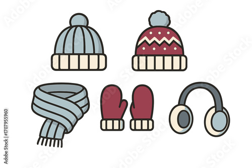 Selection of essential winter season clothing accessories for cold weather, featuring knitted hats, a warm scarf, cozy mittens, and protective earmuffs