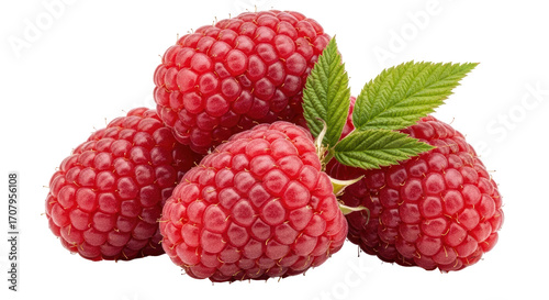 Isolated pile of fresh ripe red raspberries fruit with green leaves on transparent surface