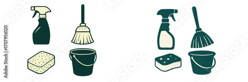 Essential household cleaning supplies set including spray bottle broom sponge and bucket for domestic chores and sanitation