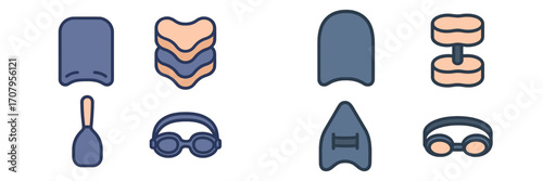 Essential swimming gear set featuring kickboards, pull buoys, and goggles for pool and open water activities