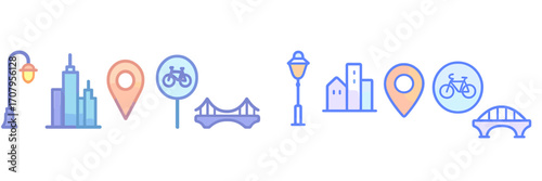 Urban infrastructure and navigation elements with street lamps, buildings, location pins, bicycle signs, and bridges
