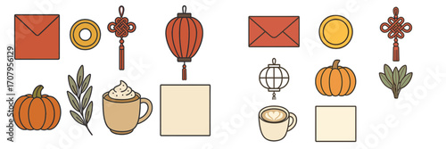 Stylized autumn and Chinese New Year themed icon set with pumpkins, lanterns, envelopes, and coffee cups