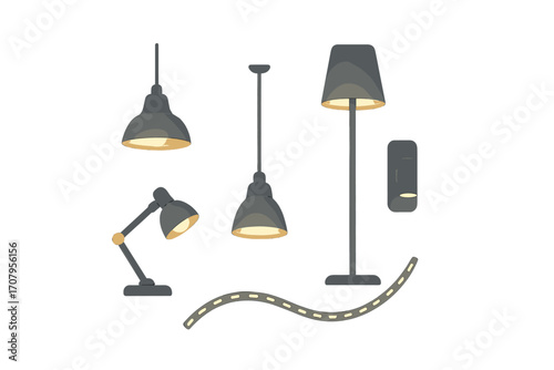 Modern interior lighting fixtures set with various lamps including pendant, floor, desk, and wall lights