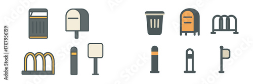 Set of essential urban street furniture and public utility icons featuring trash cans, mailboxes, bike racks, and bollards