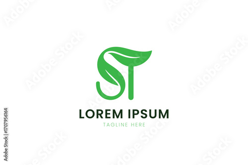 Minimalist green st logo design with leaf elements for eco-friendly brands