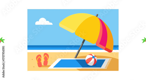 Vibrant Beach Scene with Umbrella, Towel, Ball, and Flip-Flops.
