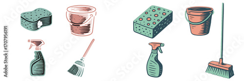 Collection of essential household cleaning tools and equipment for domestic chores and sanitation tasks, hygiene, and home maintenance
