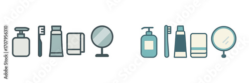 Essential bathroom and personal care items including soap, toothbrush, toothpaste, towel, and mirror