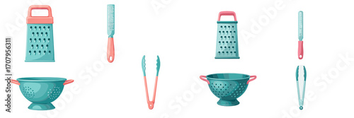 Variety of modern kitchen tools and cooking equipment including graters, colander, serving tongs, and other culinary utensils