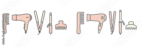 Collection of professional hair styling tools including comb, hair dryer, flat iron, curling iron, and hair clip for beauty salons