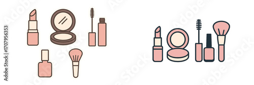 Modern collection of essential beauty products and makeup tools including lipstick, mascara, compact powder, and brush