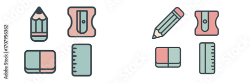 Essential school supplies set featuring pencils, sharpeners, erasers, and rulers for education, learning, and office work