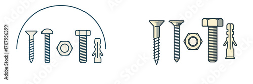 Collection of essential construction and household fasteners including various screws, a hex bolt, a matching nut, and a wall plug