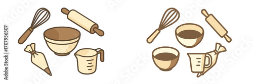 Assortment of essential baking tools and kitchen utensils for home cooking and professional pastry preparation