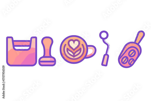 Barista equipment and coffee preparation tools including tamper, latte art cup, and coffee beans