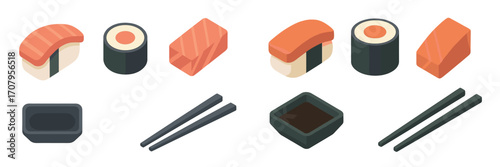 Isometric Japanese sushi collection with salmon nigiri, maki rolls, raw fish, soy sauce, and chopsticks on white background