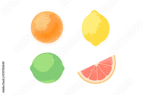 Colorful collection of fresh citrus fruits: whole orange, yellow lemon, green lime, and pink grapefruit slice