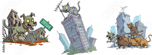 Cartoon zombie dogs and cats, undead animals in destroyed city, post-apocalyptic pets, scary monsters, abandoned buildings, spooky apocalypse scene