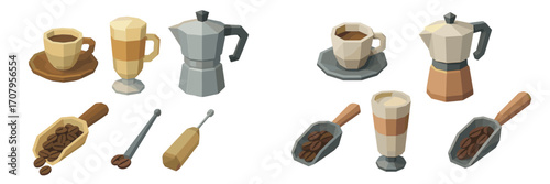 Collection of coffee cups, latte glasses, moka pots, and coffee beans in scoops with stirrers in a low poly style