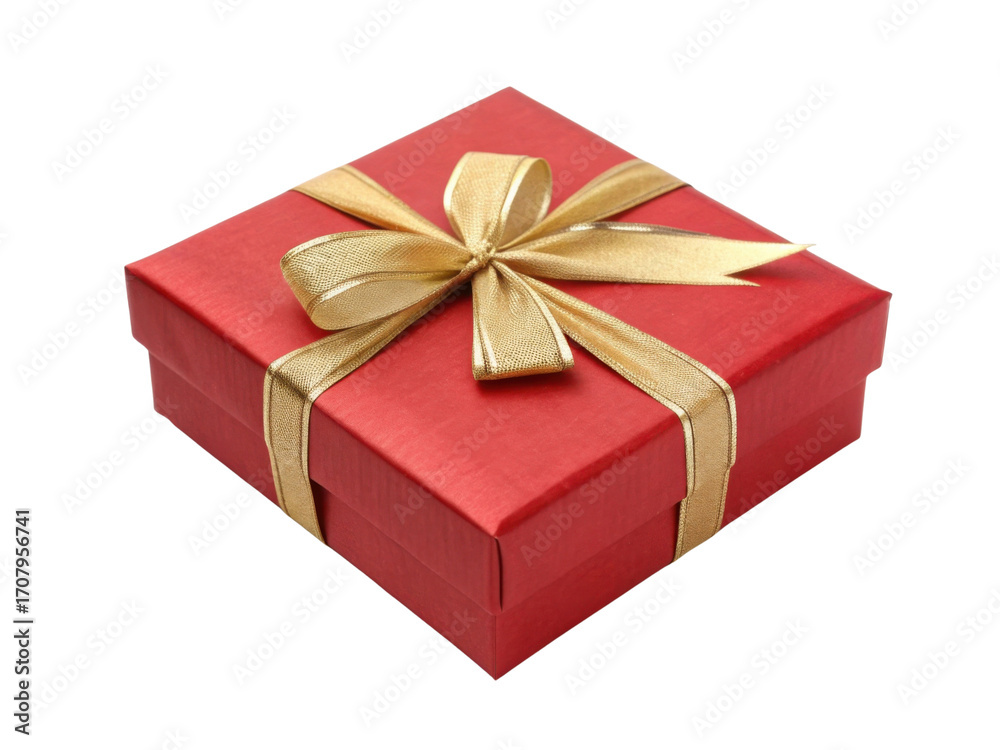 Fototapeta premium Vibrant red gift box adorned with shiny gold ribbon, perfect for celebrations and special occasions, evokes feelings of joy and anticipation