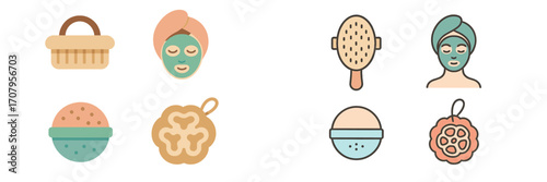 Collection of self-care and spa beauty routine icons including face mask, body brush, bath bomb, and loofah sponge