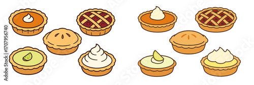 Assortment of delicious baked dessert pies including pumpkin, berry, key lime, and cream with various toppings