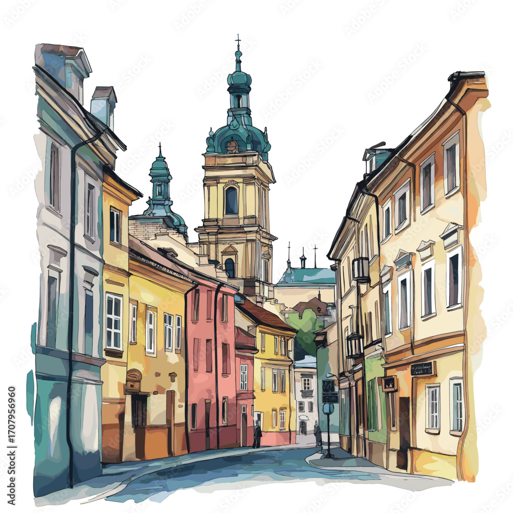 Obraz premium Lviv Old Town. Lviv Old Town watercolor vector illustration