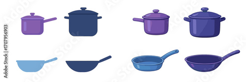 Essential kitchen cookware collection featuring various pots and pans in shades of purple and blue for culinary use