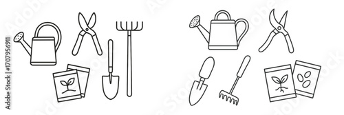 Essential gardening tools and supplies set including watering can, pruning shears, rake, shovel, and seed packets for planting and horticulture