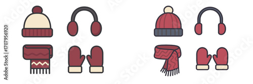 Warm winter clothing accessories set with hats, earmuffs, scarves, and mittens for cold weather