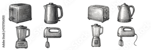 Collection of classic kitchen appliances including toaster electric kettle blender and hand mixer in retro engraved style