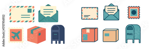 Postal service and delivery elements with envelopes, stamps, packages, and mailboxes for logistics
