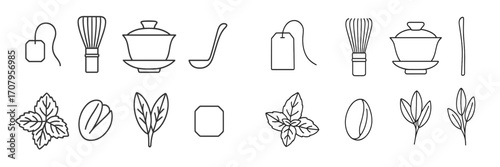 Minimalist line art icons for tea and coffee preparation, featuring various leaves, beans, and brewing utensils