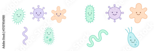 Set of adorable smiling microorganisms including various bacteria viruses and germs with friendly expressions