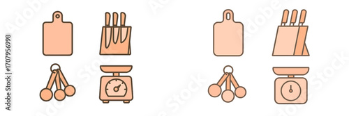 Essential kitchen tools and cooking utensils set including cutting boards, knife blocks, measuring spoons, and scales