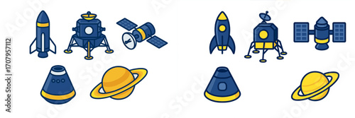 Space exploration vehicles and celestial objects icon set including rocket, satellite, lander, capsule, and planet Saturn