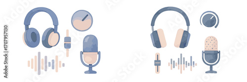 Modern audio equipment set with headphones, microphone, sound waves, and control knobs in a soft watercolor style