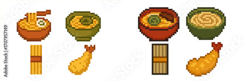 Assortment of pixelated Asian dishes featuring ramen, udon, and crispy fried prawns
